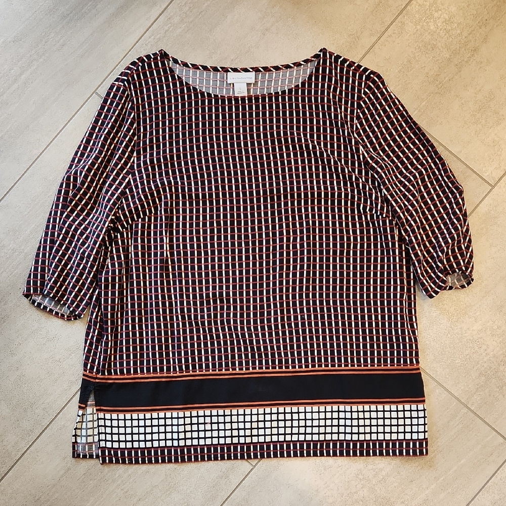 Liz Claiborne Red and Black Patterned Top 3/4 Length Sleeves Womens Sz Large